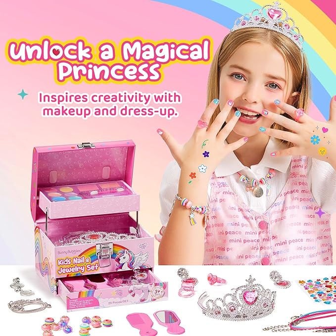 Kids Makeup Kit for Girls, Real Washable Cosmetic Set with Mirror, Jewelry Bracelet Making Kit for Kids Makeup Toy, Kids Makeup Sets for Girls 4 5 6 7 8 9 10 11 12 Years Old Kid (Pink)