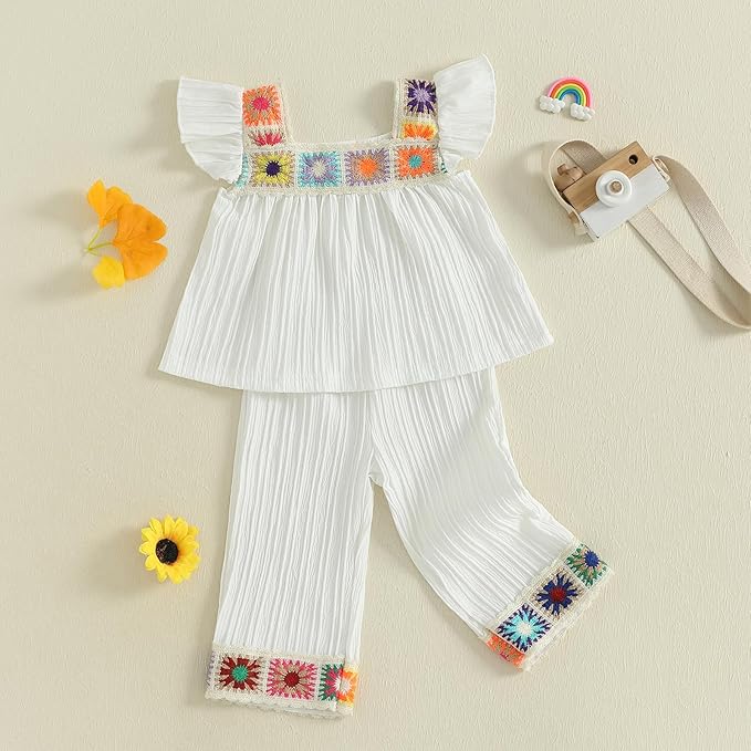 6M-5T Little Girl Clothes Boho Outfit Straps Hearts Shirts Cami Tank Tops Wide Leg Pants Baby Girl Summer Clothes