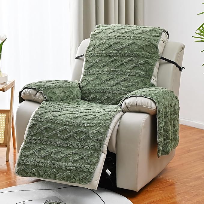vctops Geometric Jacquard Plush Recliner Chair Cover Soft Fuzzy Fluffy Reclining Chair/Furniture Protector with Elastic Straps for Kids, Pets(Green,21.7")