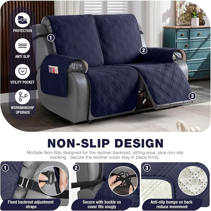 TAOCOCO 100% Waterproof Loveseat Recliner Cover, Non Slip Split Loveseat Covers for Reclining Loveseat with Elastic Straps, Washable Recliner Chair/Furniture Protector for Pets(2 Seater, Navy Blue)