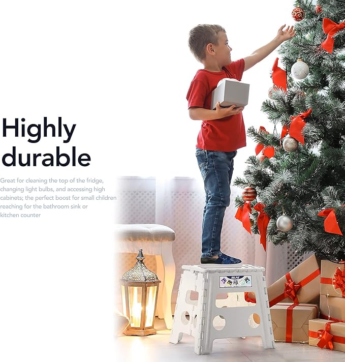 Delxo 13" Folding Step Stool for Kids and Adults, Non-Slip Foldable Step Stools with Handle,Plastic Portable Folding Stool for Bathroom,Bedroom,Kitchen,Hold up to 300lbs White