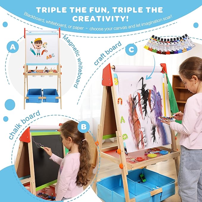 3 in 1 Adjustable Kids Art Drawing Easel Set-Sided Magnetic Whiteboard & Chalkboard with Painting Paper Roll - Versatile Art Station Gift for Toddlers, Kids and Childrens Ages 3+