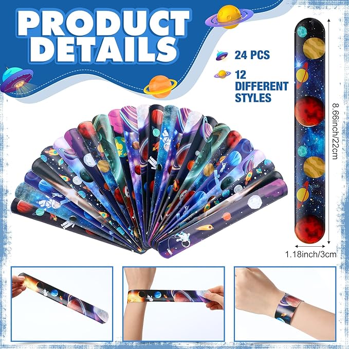 48 Pcs Outer Space Party Favors 24 Space Slap Bracelets 24 Silicone Wristbands Galaxy Astronaut Bracelets Bulk for Kids Classroom Rewards Stars Solar System Planet Birthday Party Supplies