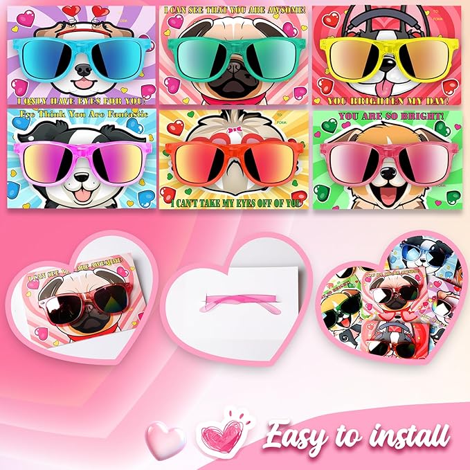 24PCS Valentines Day Gift Cards with Glasses Valentine's Day Fun Dog Face Cards Easter Party Favors Easter Basket Stuffers Accessories for Kids Classroom Exchange Gifts Beach Pool Party Supplies
