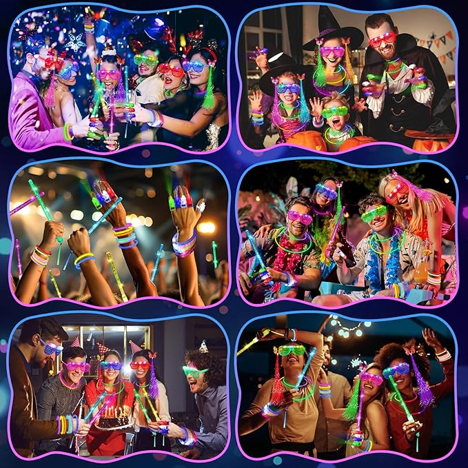 180PCS Glow in the Dark Party Supplies, 18PCS Light Up Wand, 18PCS LED Glasses, 30PCS Finger Lights and 100PCS Glow Sticks Necklaces Bracelets, Light Up Party Favors for Kids Adults, Wedding, Birthday