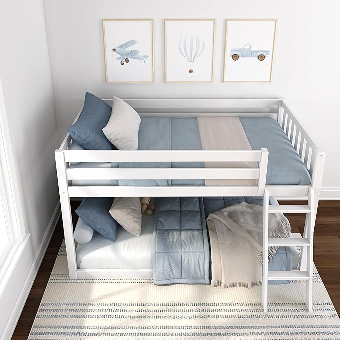 Max & Lily Fundamental Twin Low Bunk Bed, Kids Solid Wood Modern Bed Frame with Strong Wooden Slats, Non-Toxic Finishes, High Weight Capacity, White