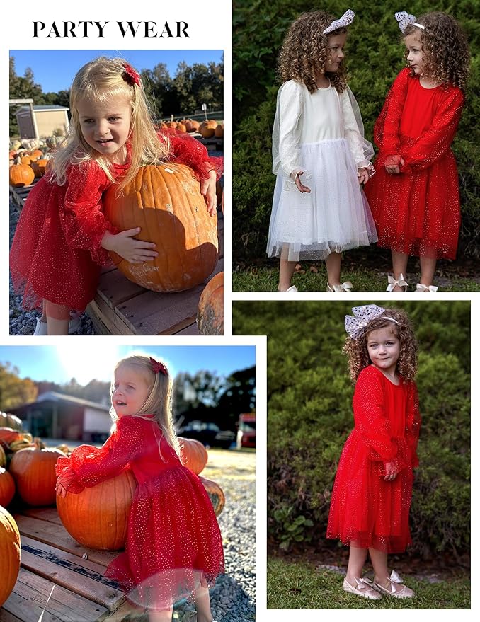 Arshiner Toddler Christmas Dress Girls Sequin Tulle Puff Long Sleeves Tutu Dress Princess Birthday Party Clothes 1-6T