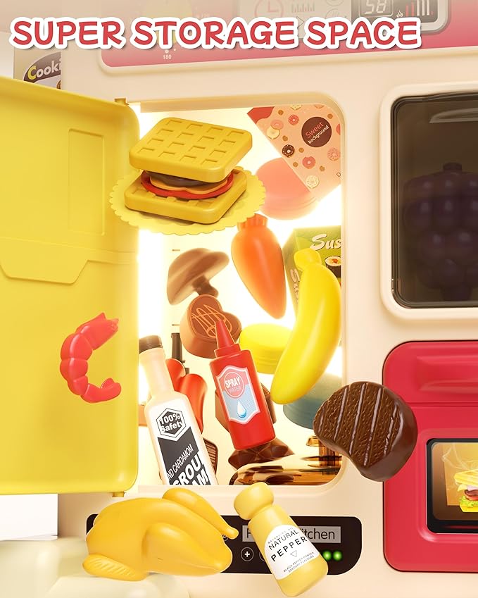 49Pcs Kitchen Playset for Boys & Girls, Kid Play Kitchen with Realistic Lights & Sounds, Spray Sink Toy Kitchen Accessories, Pretend Food Toys Kitchen for Toddlers(Red)