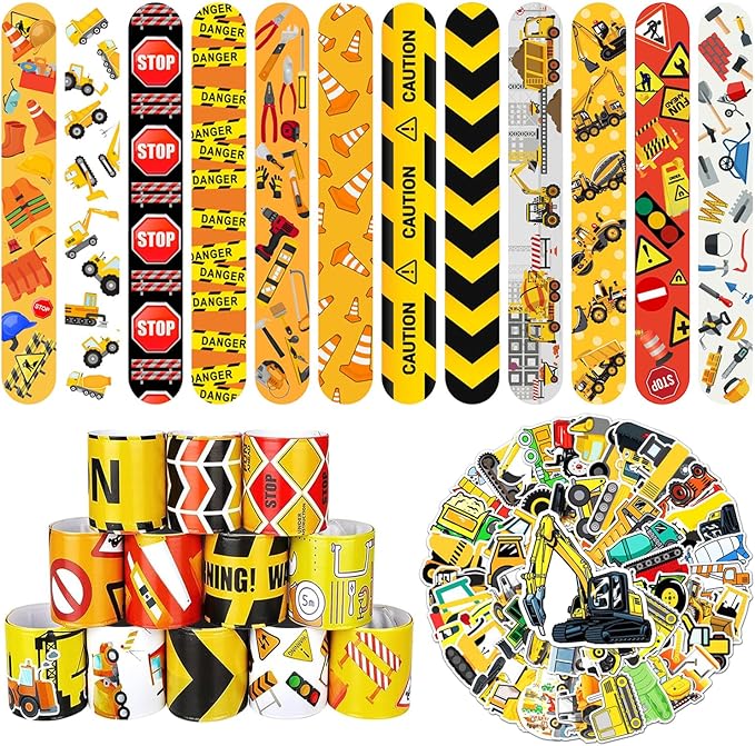 86 Pcs Construction Party Favors 36PCS Construction vehicles Slap Bracelets Wristband 50PCS Construction Vinyl Stickers for Kids Boys Construction Theme Birthday Party Goodie Bag Fillers