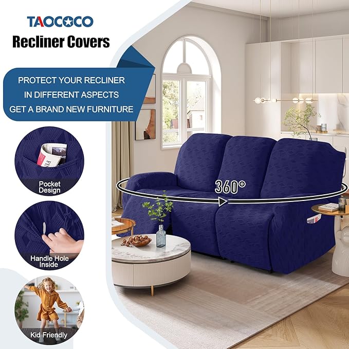 TAOCOCO Recliner Sofa Covers Stretch Reclining Couch Cover, Jacquard Recliner Couch Cover for 3 Seat Furniture Protector Sofa Slipcovers with Elastic Bottom for Kids, Pets (Dark Blue)