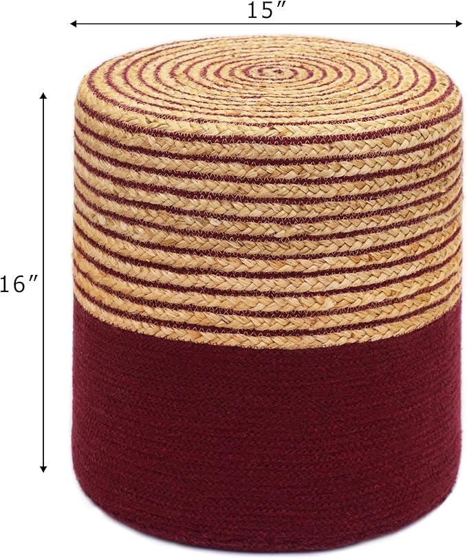 COTTON CRAFT Braided Pouf – Cylindrical Jute Cotton Ottoman Boho Foot Stool - Bedroom Dorm Family Room Accent Seating – Rustic Decorative Round Pouf – 15 Dia x 16 Height - Natural Burgundy