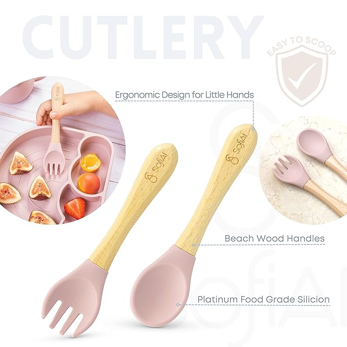 All In One Silicone Baby Feeding Set By SofiAl - Safe for 6-12 Months - Non-Toxic Baby Led Weaning Supplies - Toddler Self Feeding Utensils - BPA-Free - Mess Free Baby Feeding Essentials