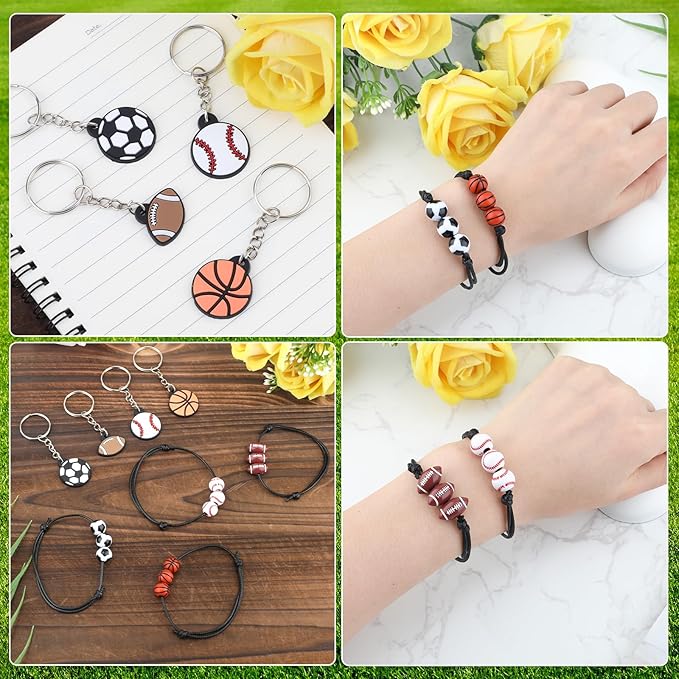 40pcs Sports Party Favors, 20pcs Sports Keychains & 20pcs Sports Bracelets with Football Basketball Rugby Baseball Sport Theme Thank You for Coming Gifts for Sports Party Supplies