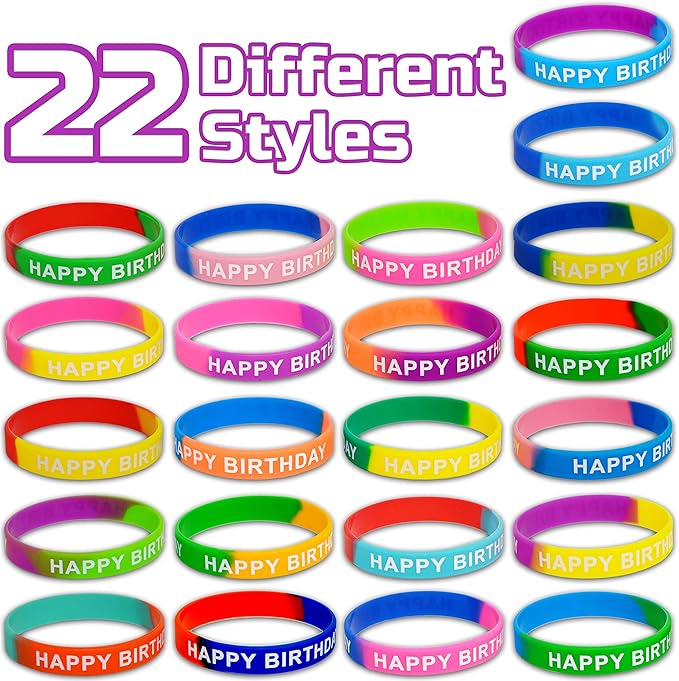 176 Pieces Birthday Rubber Bracelets(22 Styles),Colored Birthday Wristbands for Birthday Party Favors,Stretch Birthday Rubber Wristbands for Birthday Party Supplies