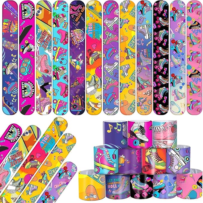 48PCS Roller Skate Party Favors Slap Bracelets, Roller Skate Wristbands Bracelets Goodie Bag Fillers Throwback 90s Roller Skating Hip Hop Birthday Decorations Supplies for Kids Adults