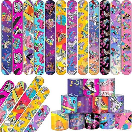 48PCS Roller Skate Party Favors Slap Bracelets, Roller Skate Wristbands Bracelets Goodie Bag Fillers Throwback 90s Roller Skating Hip Hop Birthday Decorations Supplies for Kids Adults