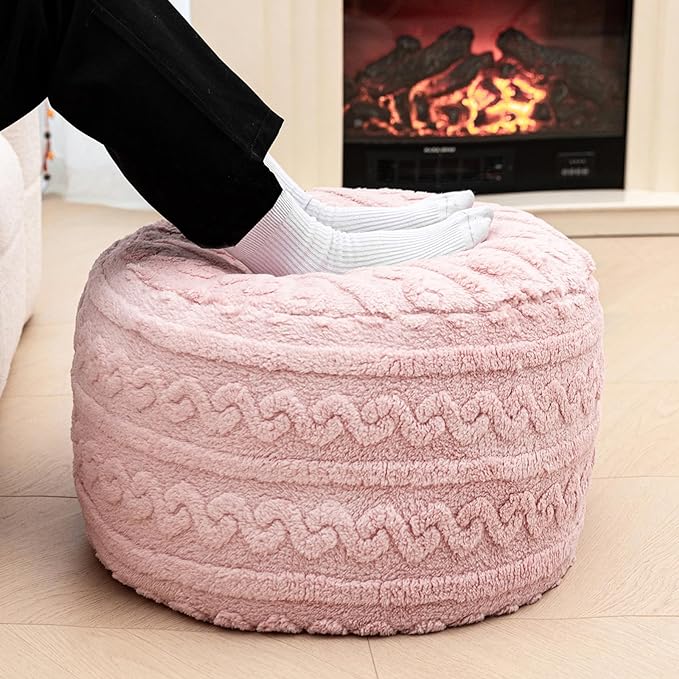 Pouf Ottoman Stuffed 20x20x12 Inches Floor Pouf Plush Fiber Ottoman Foot Rest Under Desk Foot Stool for Living Room Bedroom (Pink Pouf with Filler)