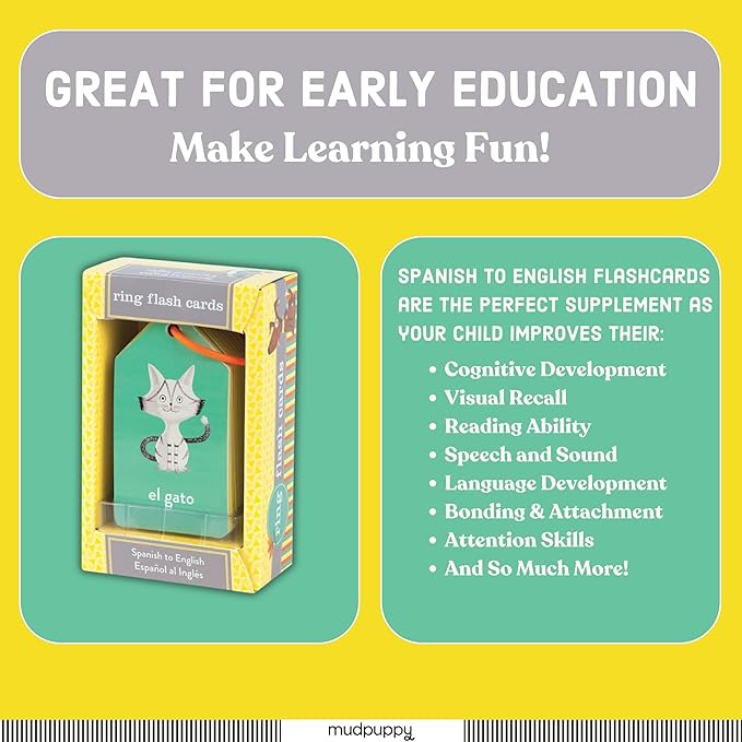 Mudpuppy Spanish To English — Ring Flashcards 26 Durable Double Sided Bilingual Language Cards Reclosable Ring With Colorful Art For Ages 1+ Perfect For Preschool Or Travel For Teachers And Parents