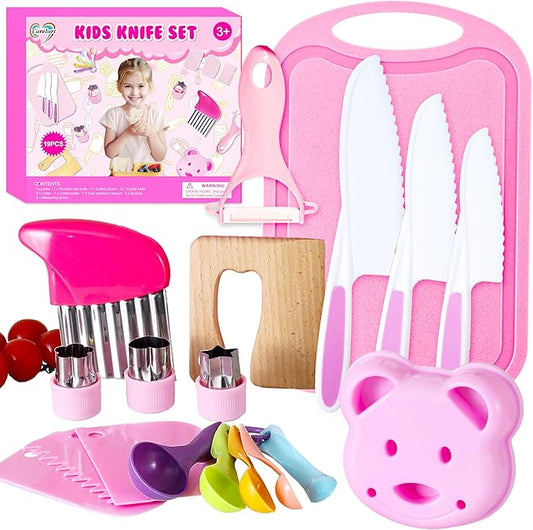 19 Pieces Kitchen Tools-Kids Cooking Sets Real-Toddler Knife Set for Real Cooking, Montessori Toys for 3+,Toddler Utensils with Safe Knives Crinkle Cutter Cutting Board