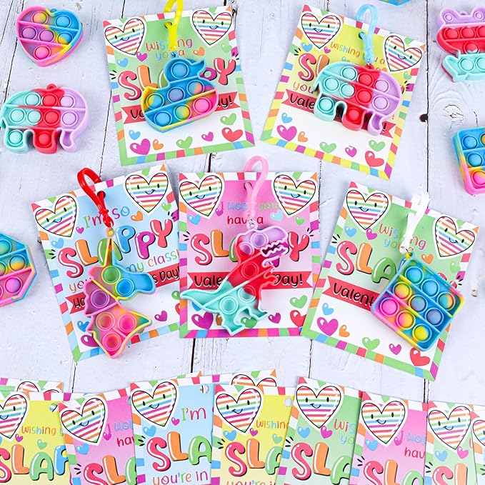 24 Packs Valentines Day Gifts for Kids,Valentines Pop Fidget Toys Bulk with Keychain for Kids School Class Classroom Valentines Day Cards Gifts Prizes Party Favors