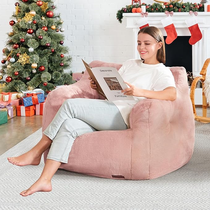 Bean Bag Sofa Chairs for Adults Comfy Bean Bag Sofa Fluffy Beanbag Chair Plush Chair Big Bubble Foam Sofa with Filler with Armrest for Apartment, Dorm, Living Room, Bedroom (Pink)