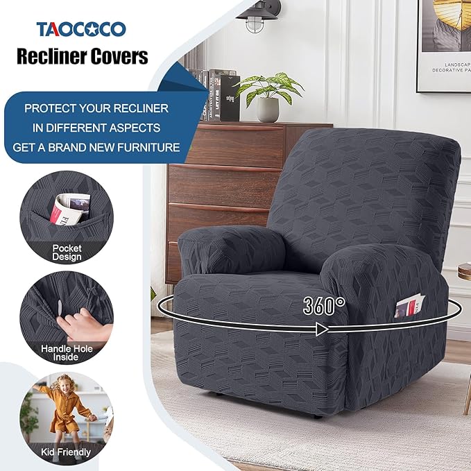 TAOCOCO Recliner Cover 3 Pieces Recliner Chair Covers, Stretch Jacquard Reclining Chair Cover, Furniture Protector Sofa Slipcovers Couch Covers with Elastic Bottom for Kids, Pets (Dark Grey)