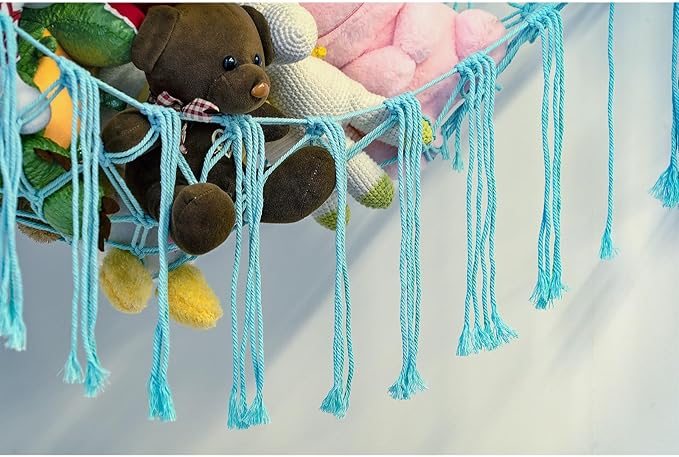 Boho Stuffed Animals Net or Hammock Large,55 inch Toy Hammock Macrame Stuff Animal Storage Corner Hanging Net Holder,Mesh Hammock Plush Toy Organizer with Hooks for Bedroom,Nursery (pale blue)
