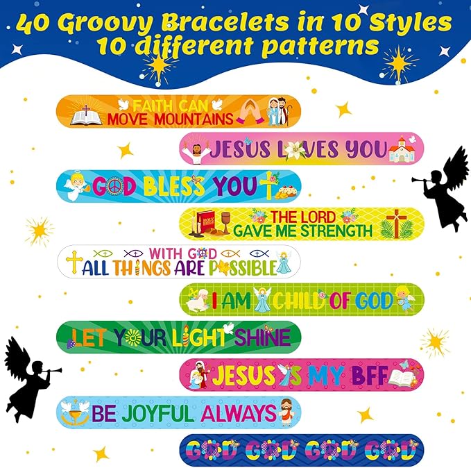 40 Pcs Bible Verses Religious Christian Slap Bracelets for Kids Jesus Love You Wristbands Inspirational Motivational Christian Nativity Slap Bracelet Sunday School Supplies He Is Risen(motivational)