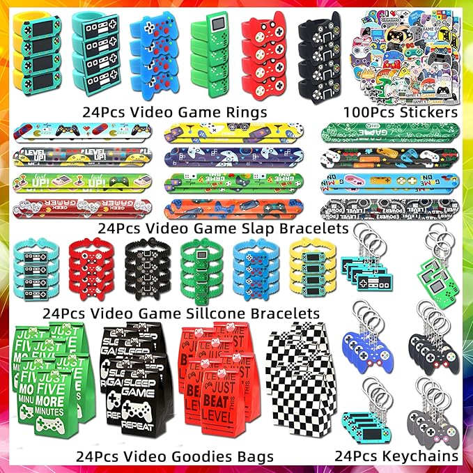 24 sets of Video Game Party Favors, 220 Pcs Gamer party Favors - Gaming Birthday Goodie Bags Included Gift Bags, Game Keychain, Slap Bracelet, Stickers, Game Ring, Hand Strap for Gaming Kids