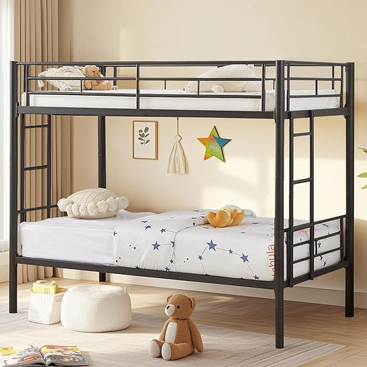 VECELO Twin Over Twin Bunk Bed with Built-in Ladder and Safety Guardrail, Heavy Duty Metal Bunkbeds, Space Saving, No Box Spring, Black