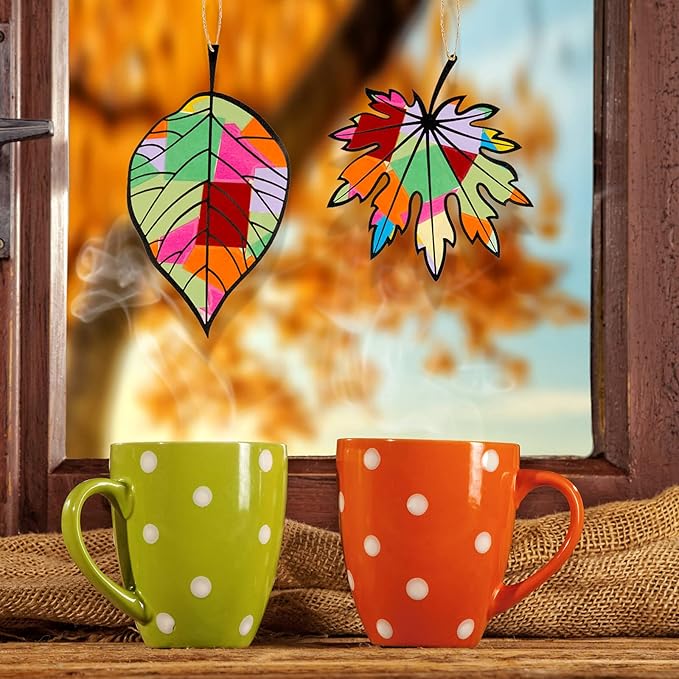 18 Pcs Thanksgiving Fall Paper Craft for Kids DIY Autumn Tissue Paper Leaf Suncatcher Kit with 20 PVC Contact Paper and 30 Colored Cellophane Paper for Kids Classroom DIY Crafts Art Party Supplies