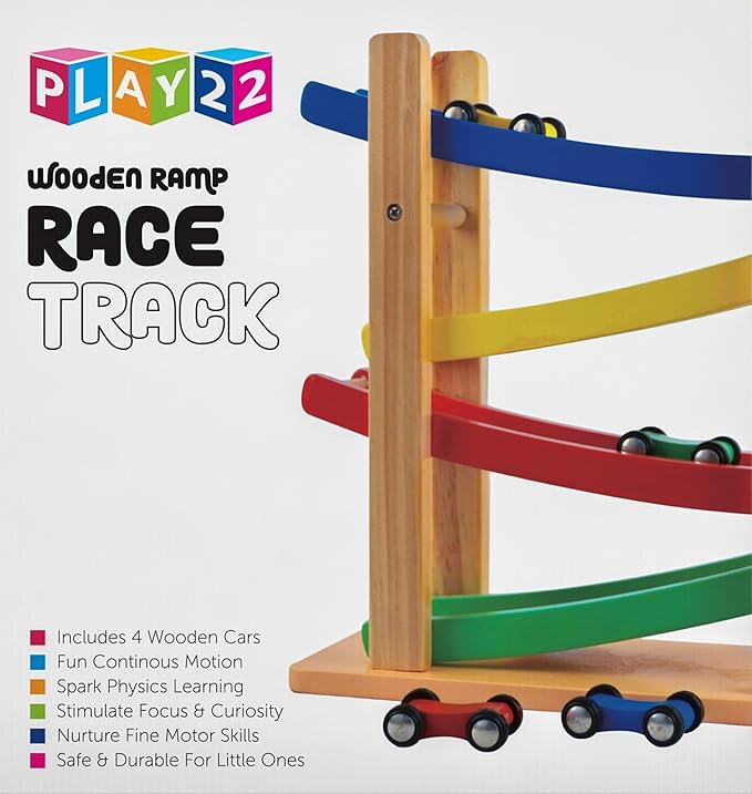 Play22 Wooden Car Ramps Race - 4 Level Toy Car Ramp Race Track Includes 4 Wooden Toy Cars - My First Baby Toys - Toddler Race Car Ramp Toy Set is A Great Gift for Boys and Girls - Original by Play22