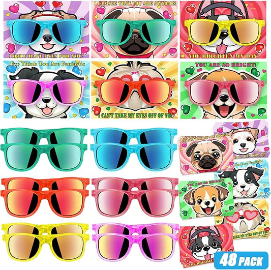 24PCS Valentines Day Gift Cards with Glasses Valentine's Day Fun Dog Face Cards Easter Party Favors Easter Basket Stuffers Accessories for Kids Classroom Exchange Gifts Beach Pool Party Supplies