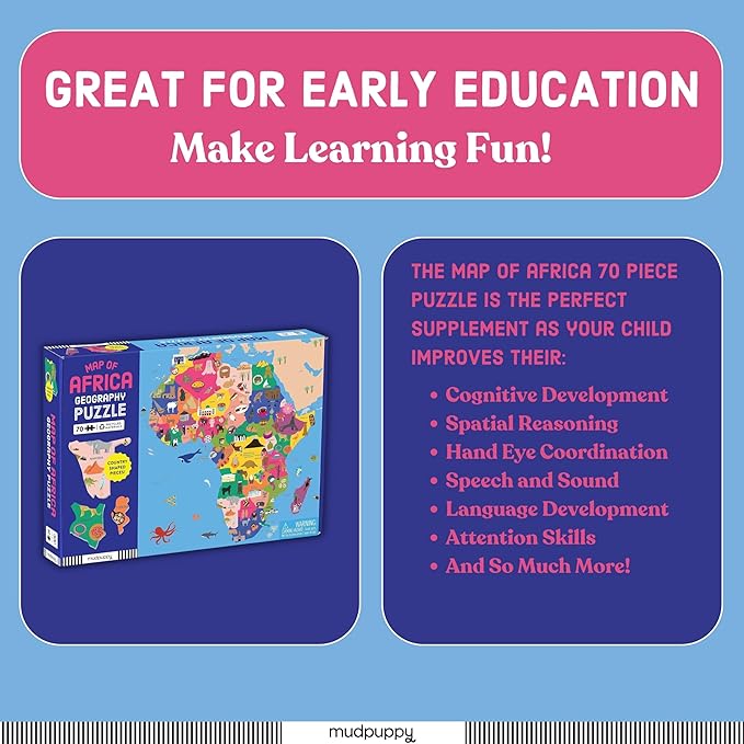 Mudpuppy Map of Africa – 70 Piece Geography Puzzle with Country-Shaped Pieces and Iconic Landscapes Cultural Items and More