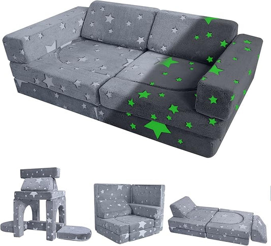 MeMoreCool Kids Couch, 10 Piece Modular Play Couch for Playroom, Fold Out Glow Star Toddler Bed, Foam Building Sofa for Boys and Girls