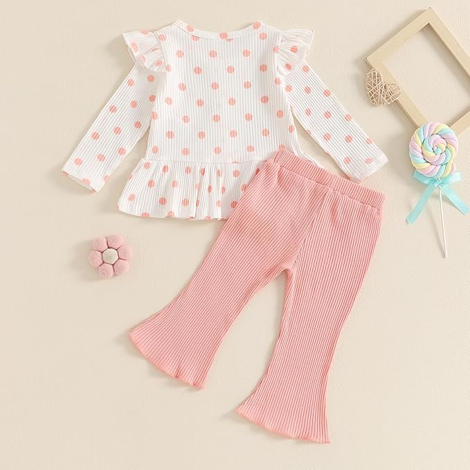 Mubineo Toddler Baby Girl Clothes Cute Ribbed Outfits Knit Long Sleeve Shirt Tops Bell Bottom Pant Fall Winter Outfit