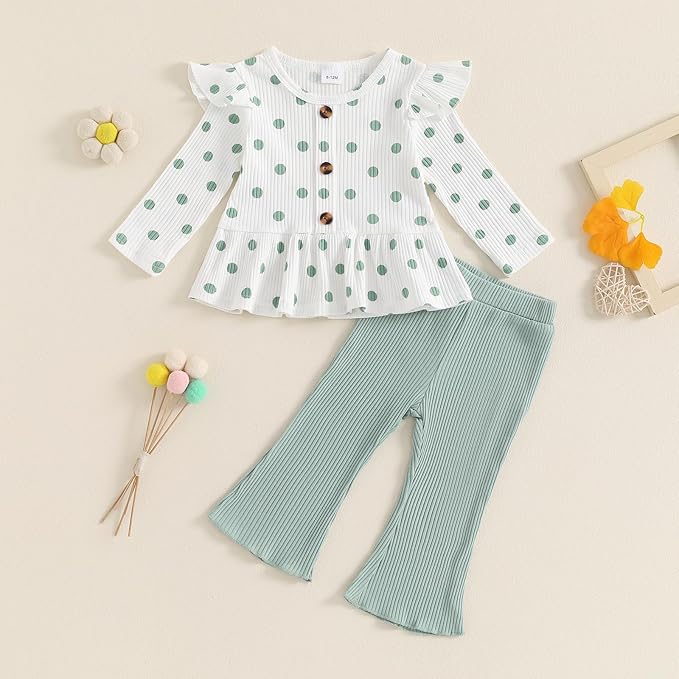 Mubineo Toddler Baby Girl Clothes Cute Ribbed Outfits Knit Long Sleeve Shirt Tops Bell Bottom Pant Fall Winter Outfit