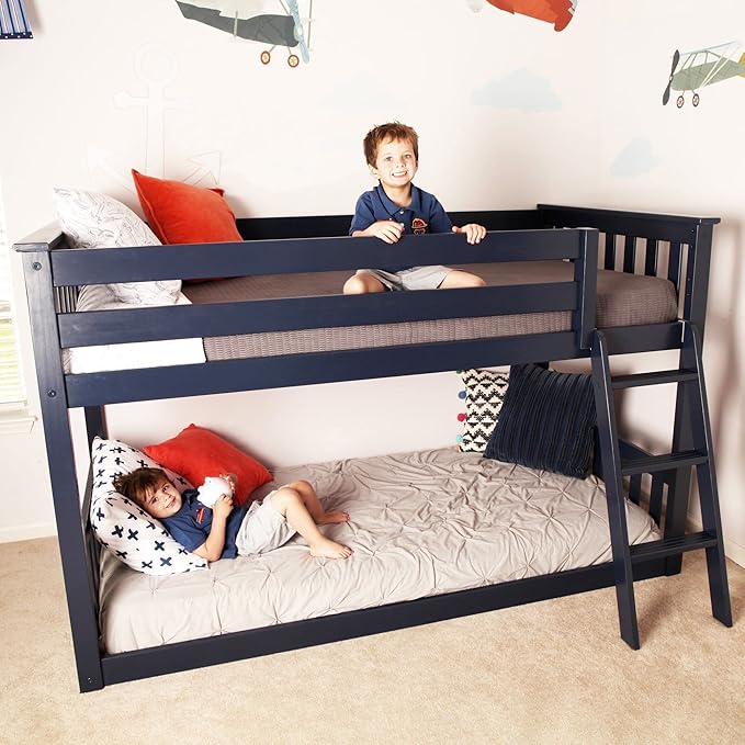 Max & Lily Twin Over Twin Low Bunk Bed with Ladder, Wooden Bunk beds with 14” Safety Guardrail for Kids,Toddlers, Boys, Girls, Teens, Bedroom Furniture, Blue