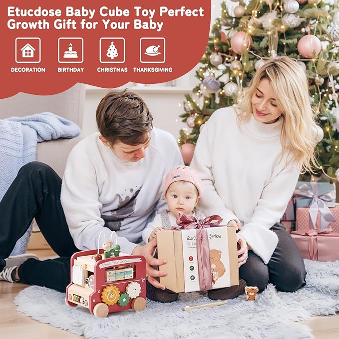 Wooden Activity Cube 8-in-1 Montessori Toys | Multifunctional Early Educational Learning Toys | Activity Cube for Baby Shape Sorter Xylophone Animal Travel Bus Toys Boy Girl Birthday Gift（Red Bus）