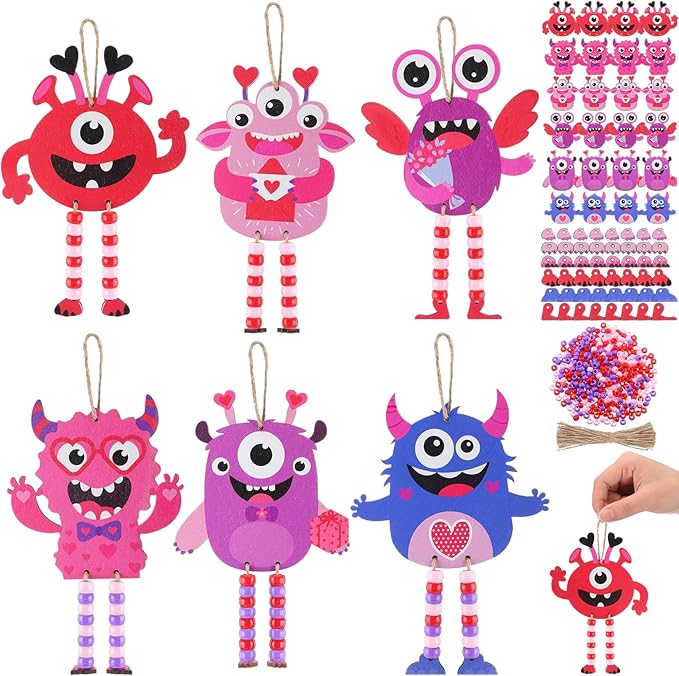 24 Sets Valentine's Day Crafts Monster Sign Crafts with Beads Make Your Own Monster Wood Ornament DIY Craft Art Kit for Holiday Party Favors Activities Decor Gift Exchange