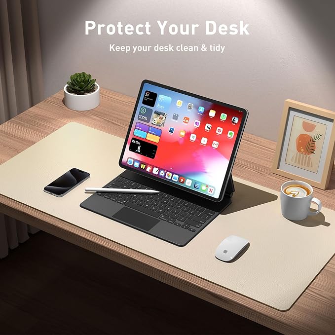 Aothia Leather Desk Pad Protector, Office Desk Mat, Large Mouse Pad, Non-Slip PU Leather Desk Blotter, Laptop Desk Pad, Waterproof Desk Writing Pad for Office and Home (48"x17", Beige)