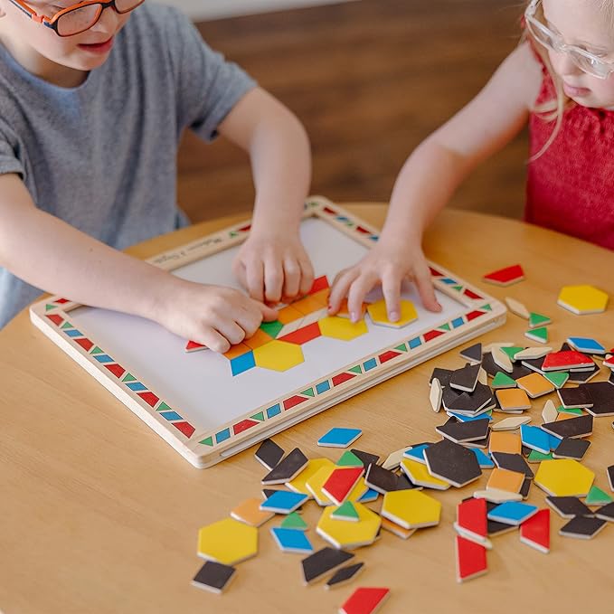 Melissa & Doug Deluxe Wooden Magnetic Pattern Blocks Set - Educational Toy With 120 Magnets and Carrying Case, Multi-color, 1 EA