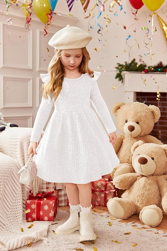 Arshiner Toddler Girl Dress Baby Girls Knitted Ruffle Sleeve Pocket Dresses A-Line Flared Fall Winter Clothes for 2-8 Years
