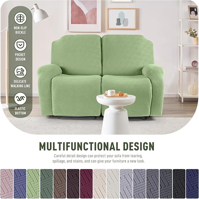 KinCam Recliner Covers, Stretch Reclining Chair Covers, Recliner Sofa Slipcovers Stripe Jacquard Recliner Couch Covers Furniture Protector Covers for Pet Kid (2 Seater, Light Green)