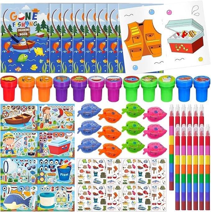 72 Pcs Gone Fishing Party Coloring Book with Crayons Bulk,Summer Fishing Party Favors Goodie Bags Fillers,Little Fisherman Birthday Party Supplies Face Stickers Tattoo Prizes Gift for Summer Party