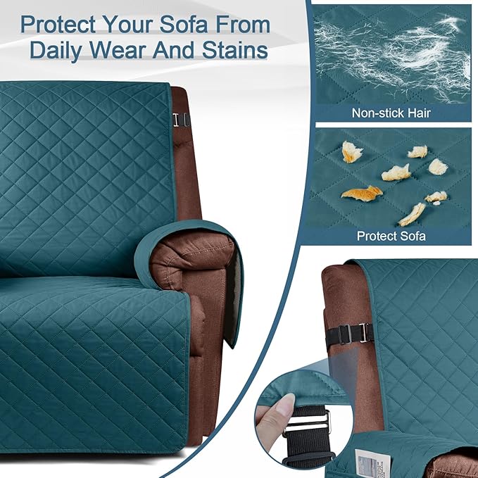 KinCam 100% Waterproof Recliner Chair Cover, Reclining Couch Covers for Pets, Dogs, Recliner Couch Slipcover Furniture Protector with Elastic Straps for Kids(23.6", Peacock Blue)