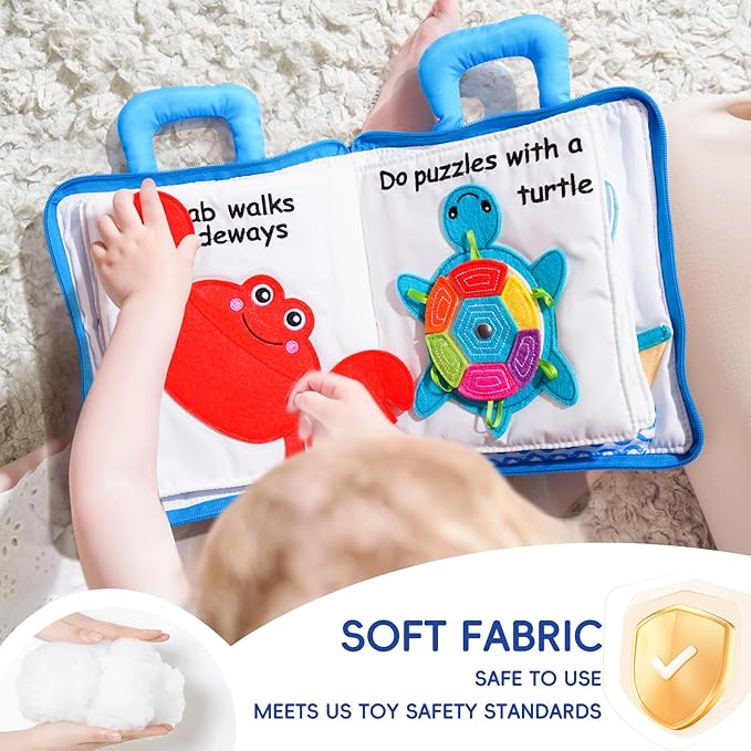 Jollybaby Quiet Book for Toddlers - Montessori Basic Skills Activity Toys - Preschool Learning Soft Travel Toy & Sensory Educational Busy Book for 1-3 Year Old Boys & Girls + Zipper Bag(Wathet)