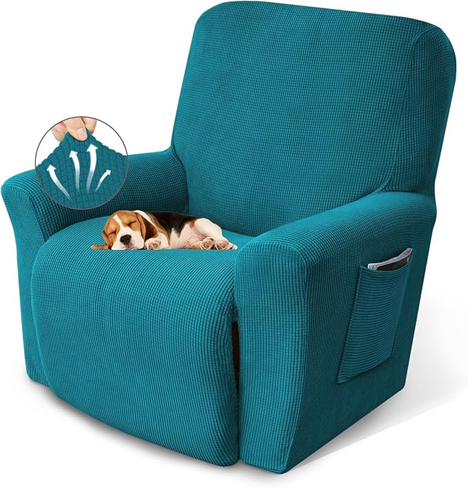 KEKUOU Recliner Chair Covers,Lazy Boy Recliner Covers Stretch Couch Cover Slipcovers 1 Piece Furniture Protector with Elastic Bottom for Kid,Dog(Recliner,Peacock Blue)