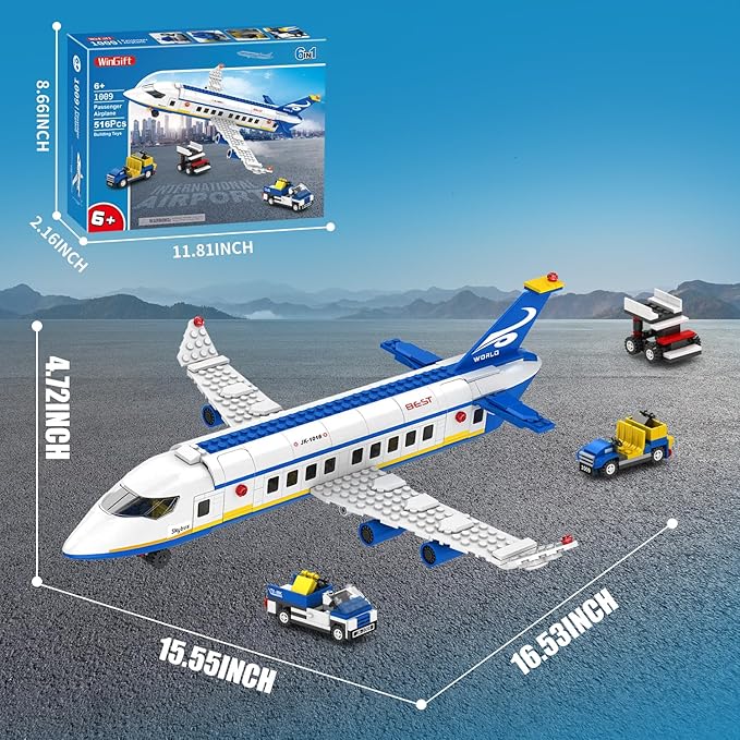 516 Pcs City Passenger Airplane Building Set, 6 IN1 Plane Building Blocks Toys, STEM Aircraft Bricks with Shuttle Bus, Baggage Truck,Airplanes Model Toys Gifts for Adults Boys Girls Age 6-12+