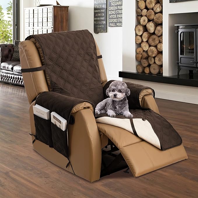TOMORO Non-Slip Oversized Recliner Cover, 100% Waterproof Quilted Recliner Chair Slipcover Furniture Protector with Pockets, Washable Couch Cover with Elastic Straps for Kids and Pets